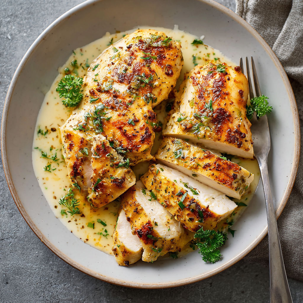 Une poêlée de poulet grillé avec des herbes et des légumes, accompagnée d'une sauce au yaourt.