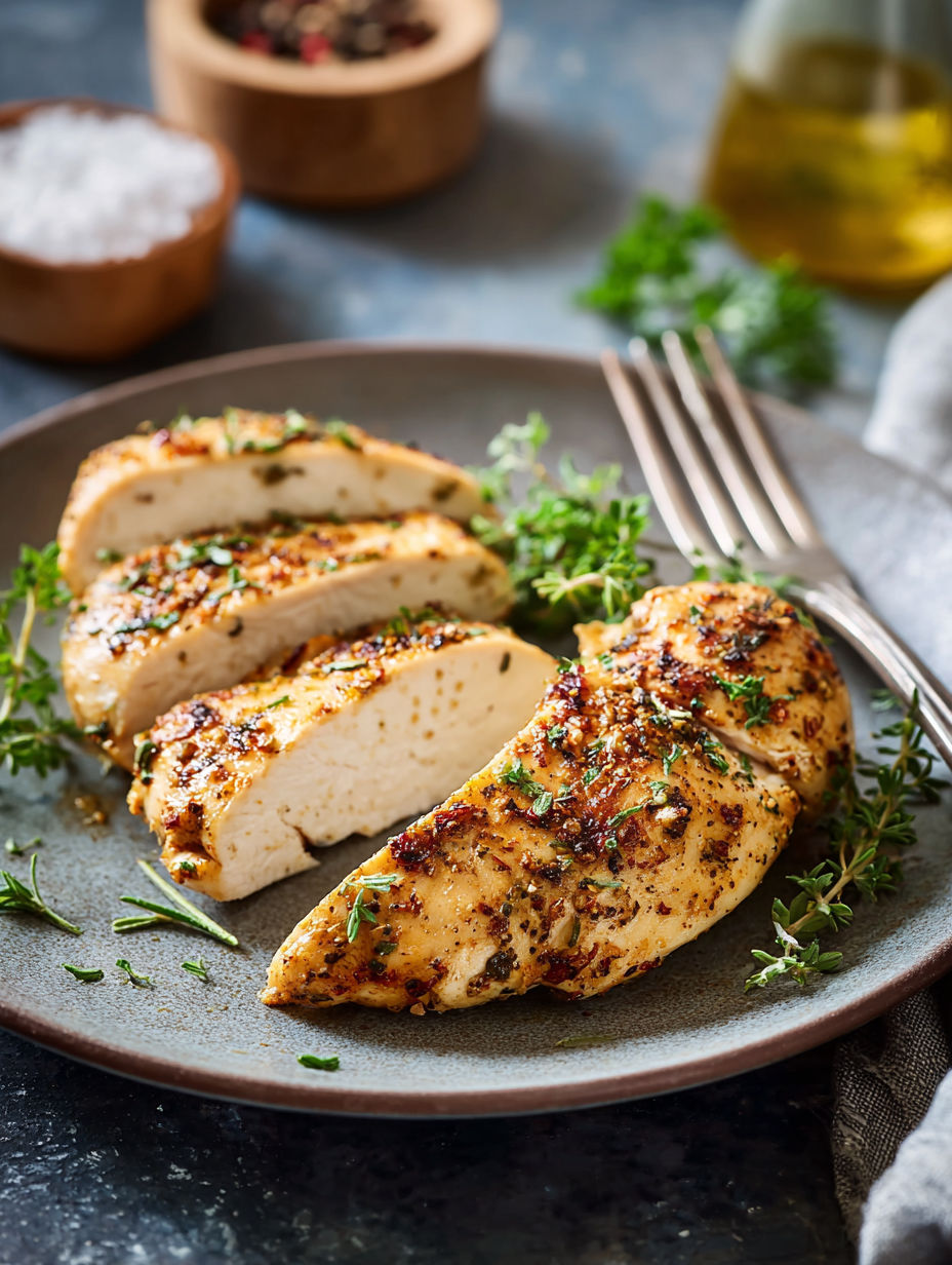 Chicken breast with herbs and spices, served on a plate with a fork.