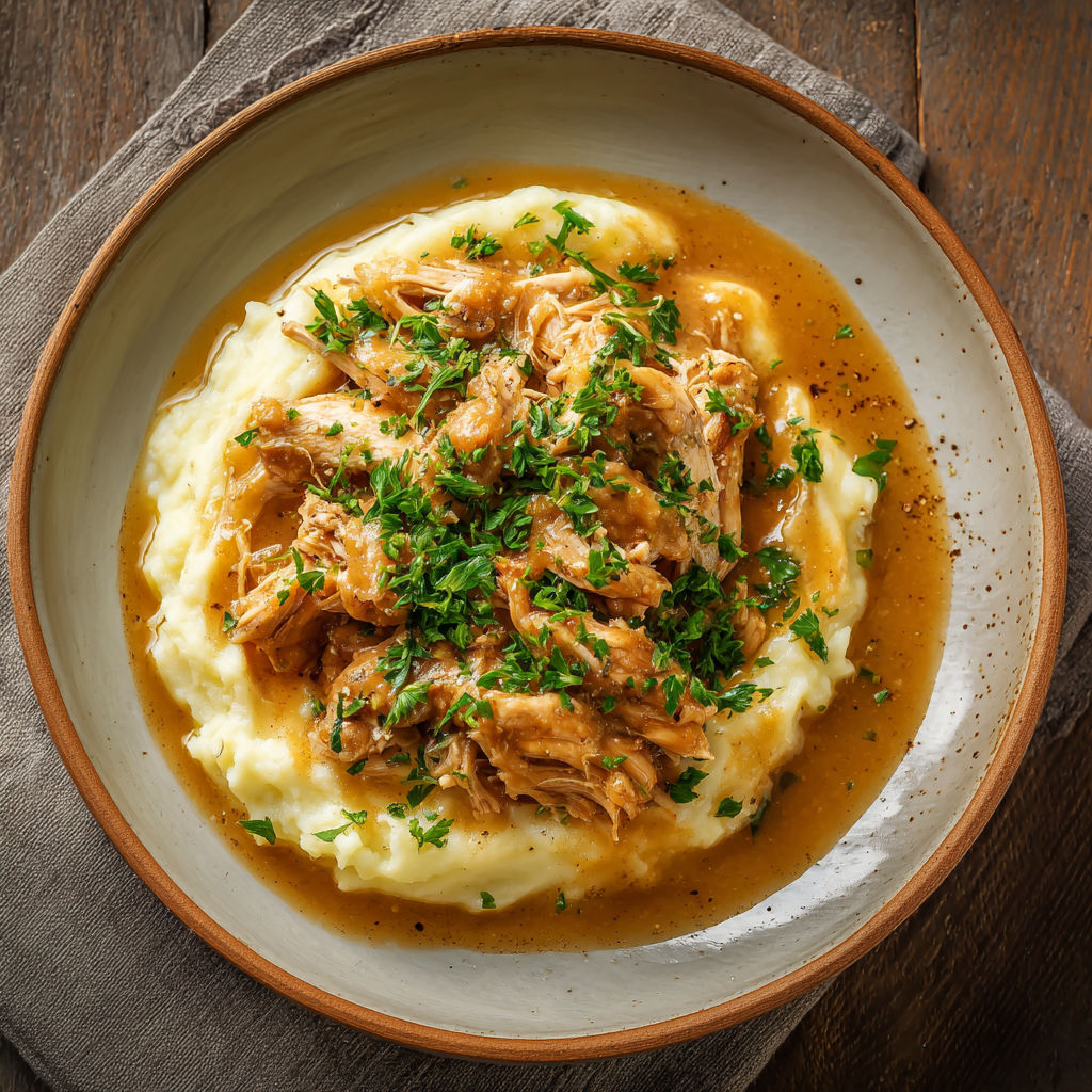 Une assiette de garnitures de poulet et de pommes de terre, avec une sauce au fond.
