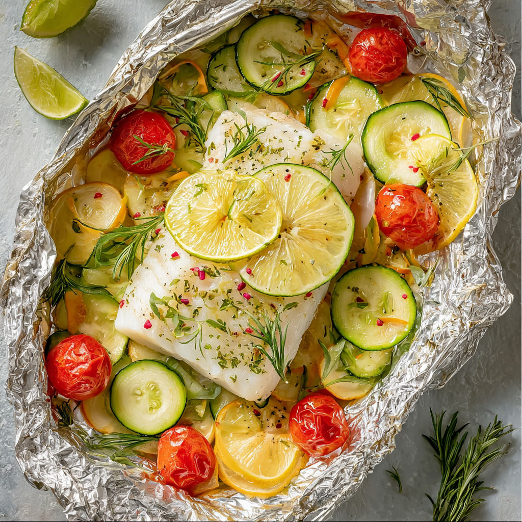 Une poissonade cabillaud avec des légumes frais et des citrons.