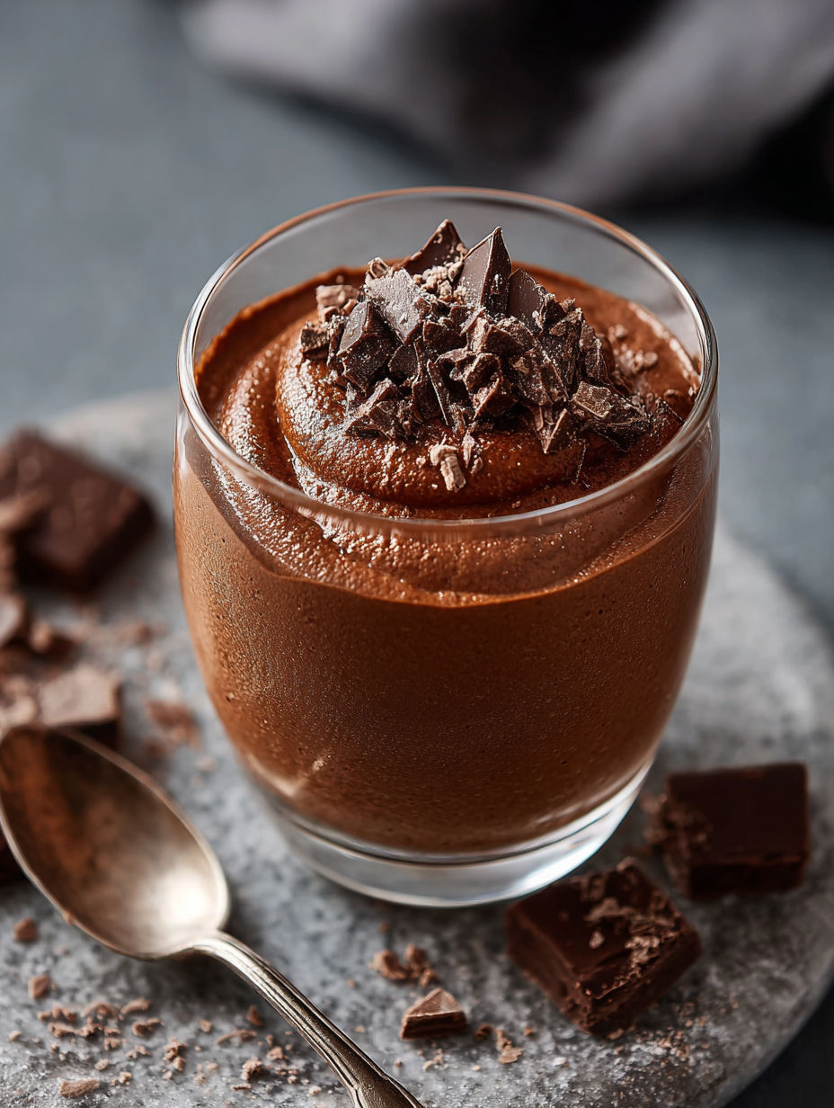 Une tasse de chocolat avec des morceaux de chocolat sur le dessus.