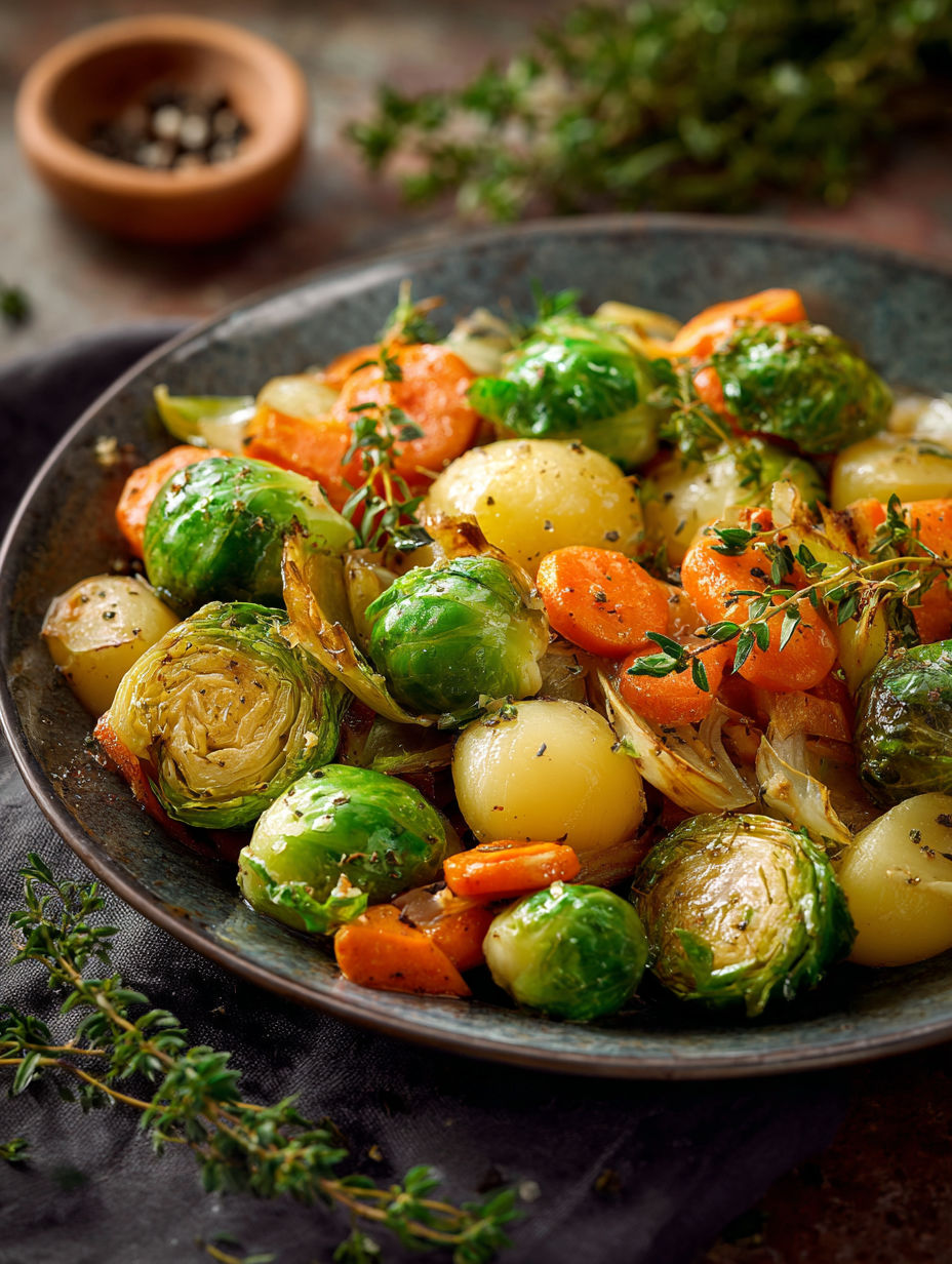 Une assiette de légumes verts et carottes, avec des herbes et des épices, est servie sur une table.