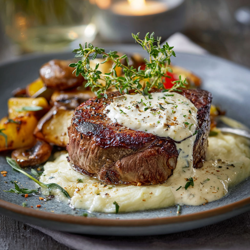 Steak au poivre avec des pommes de terre et des herbes.
