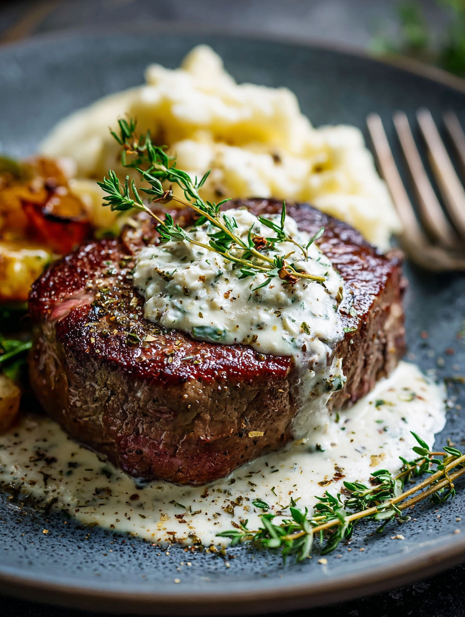 Steak au poivre avec des herbes et des pommes de terre.