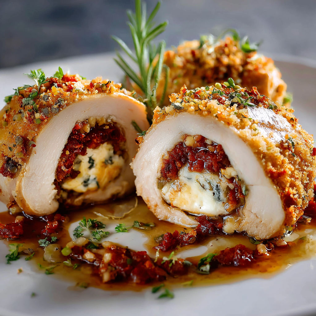 Une recette de poulet enroulé avec des herbes et des légumes, sertie sur une assiette blanche.
