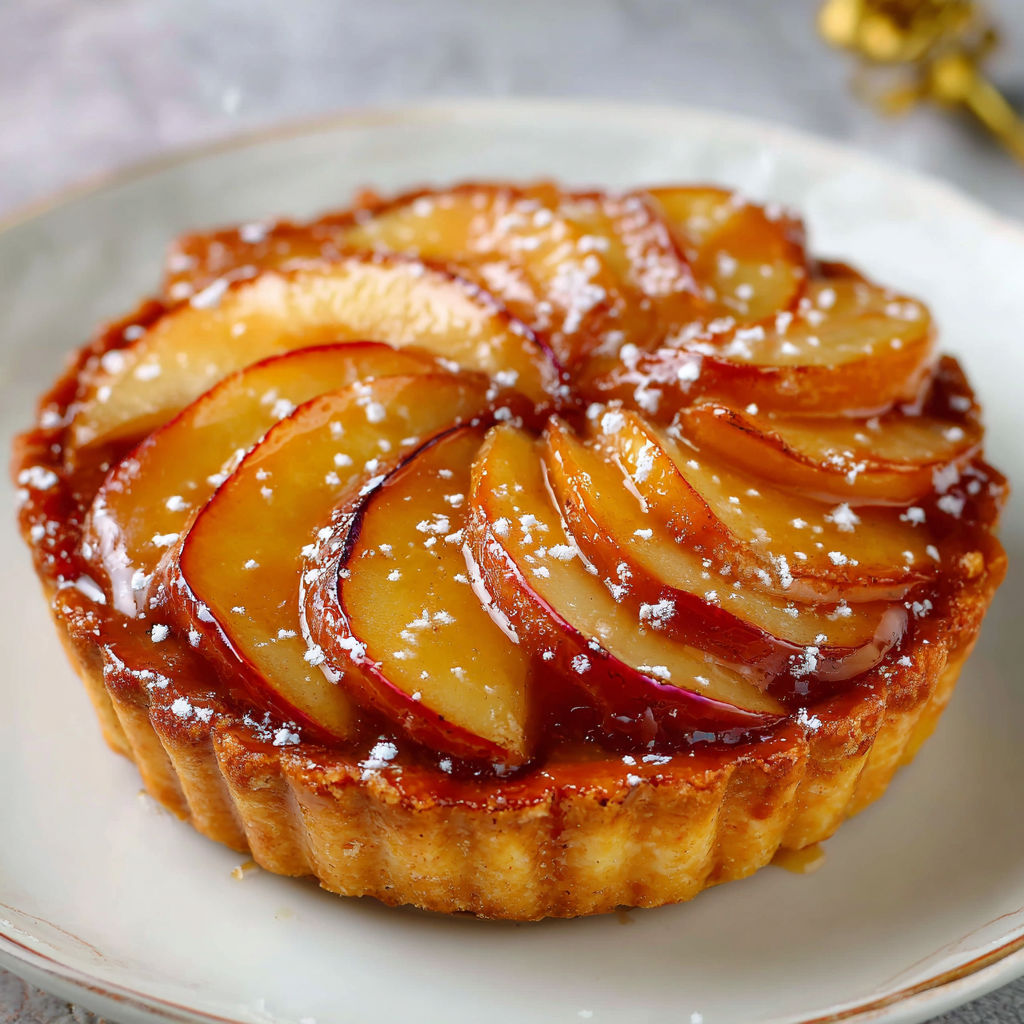 Une tarte aux pommes garnie de sucre et de cinnamon, servie sur un plateau.