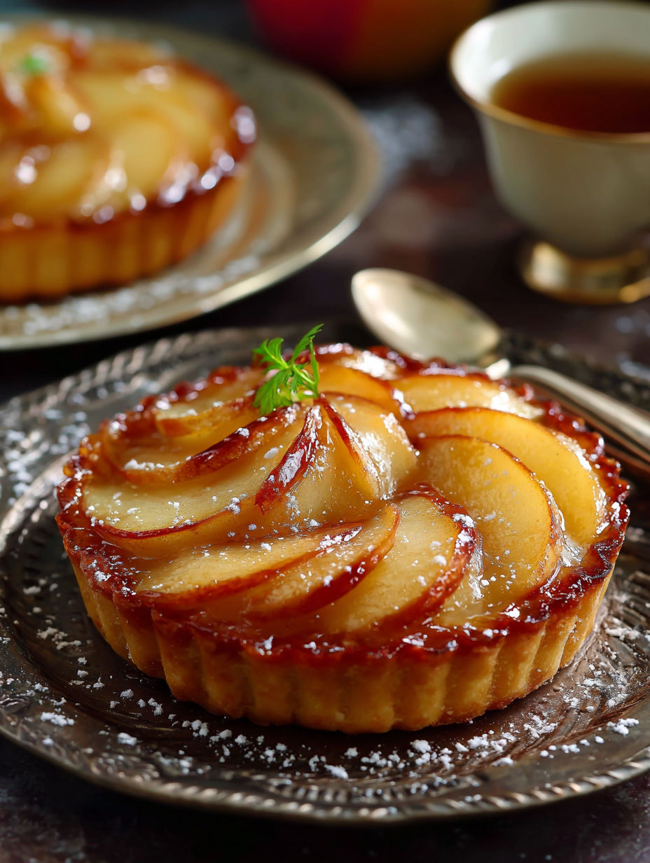 Une tarte aux pommes garnie de pâte de sucre et de pâte d'amande, servie sur un plateau de cristal.