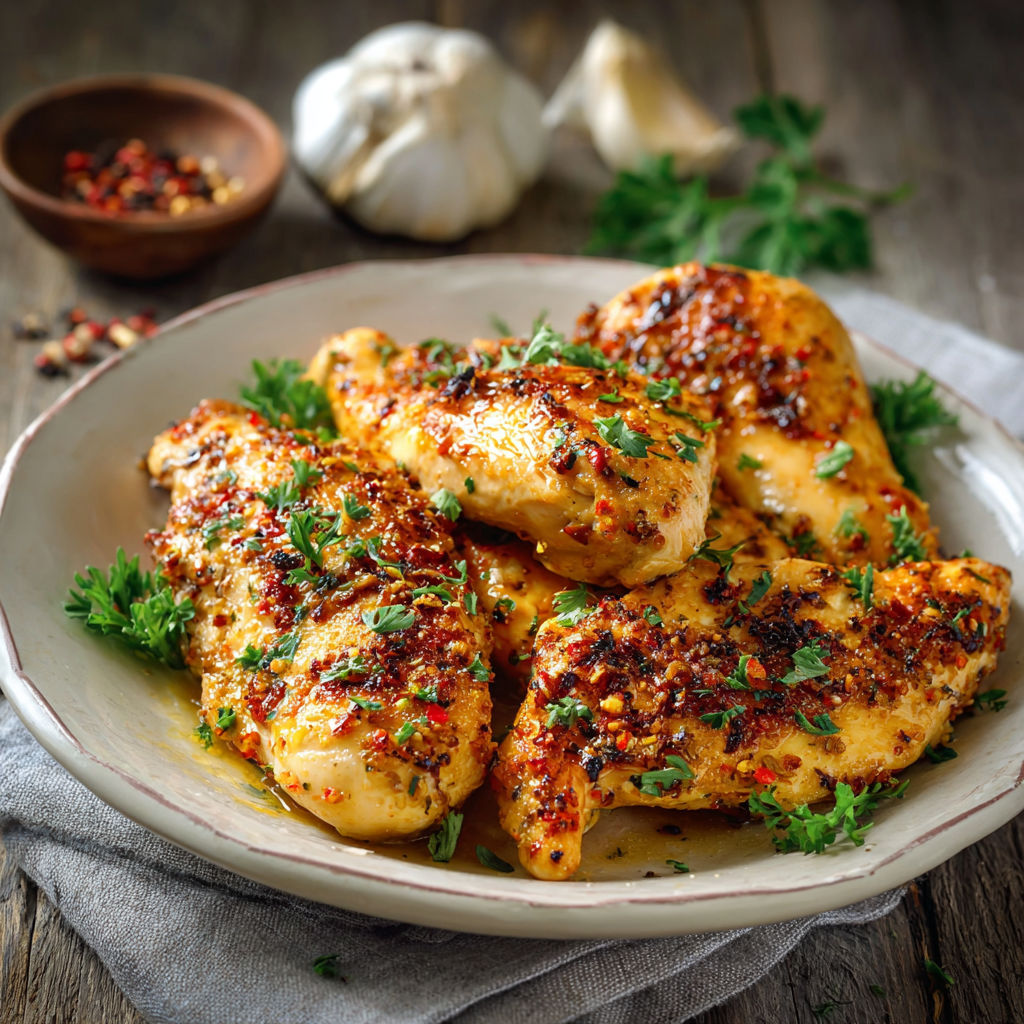 Une poignée de poulet grillé avec des herbes et des épices, présenté sur un plateau.