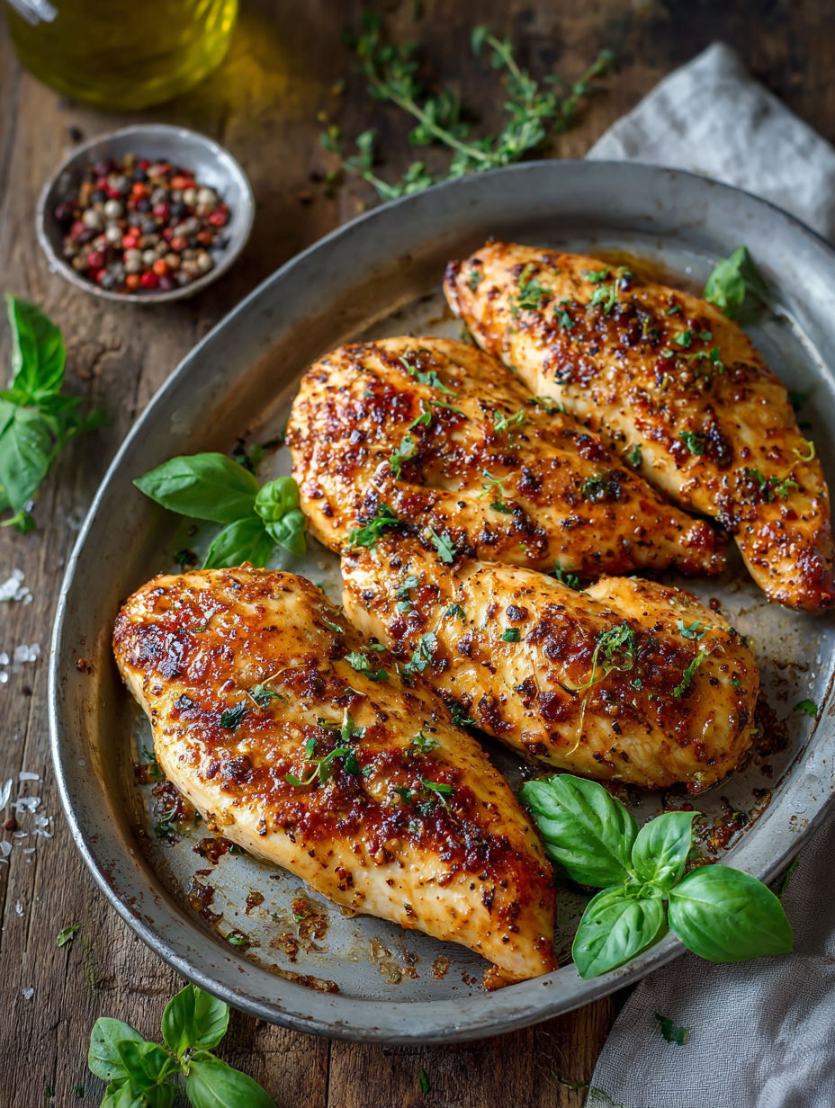 Chicken breasts marinated in a spicy sauce, served on a silver platter with a side of fresh basil leaves.