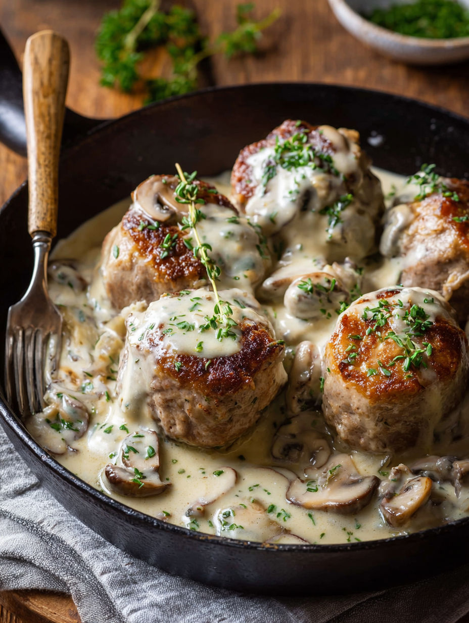 Une recette de saumon farci dans une casserole avec des champignons et des herbes.