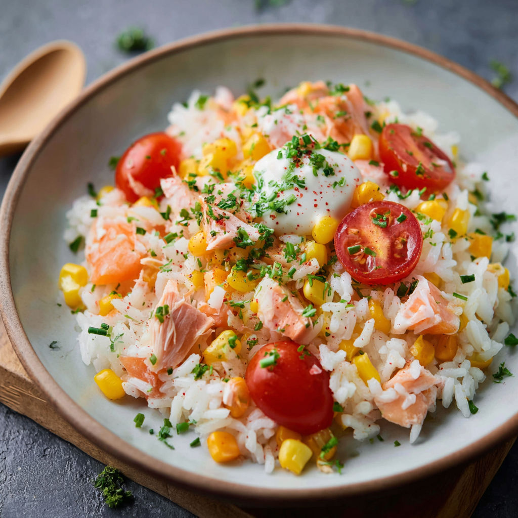 Un plat de riz et tomates avec des herbes vertes et des légumes verts.