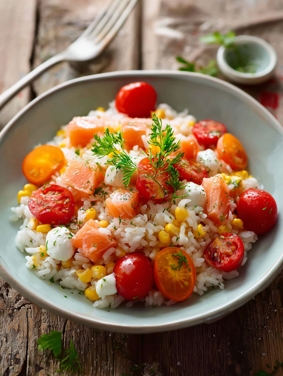 Une salade de riz et tomates avec des herbes fraîches.