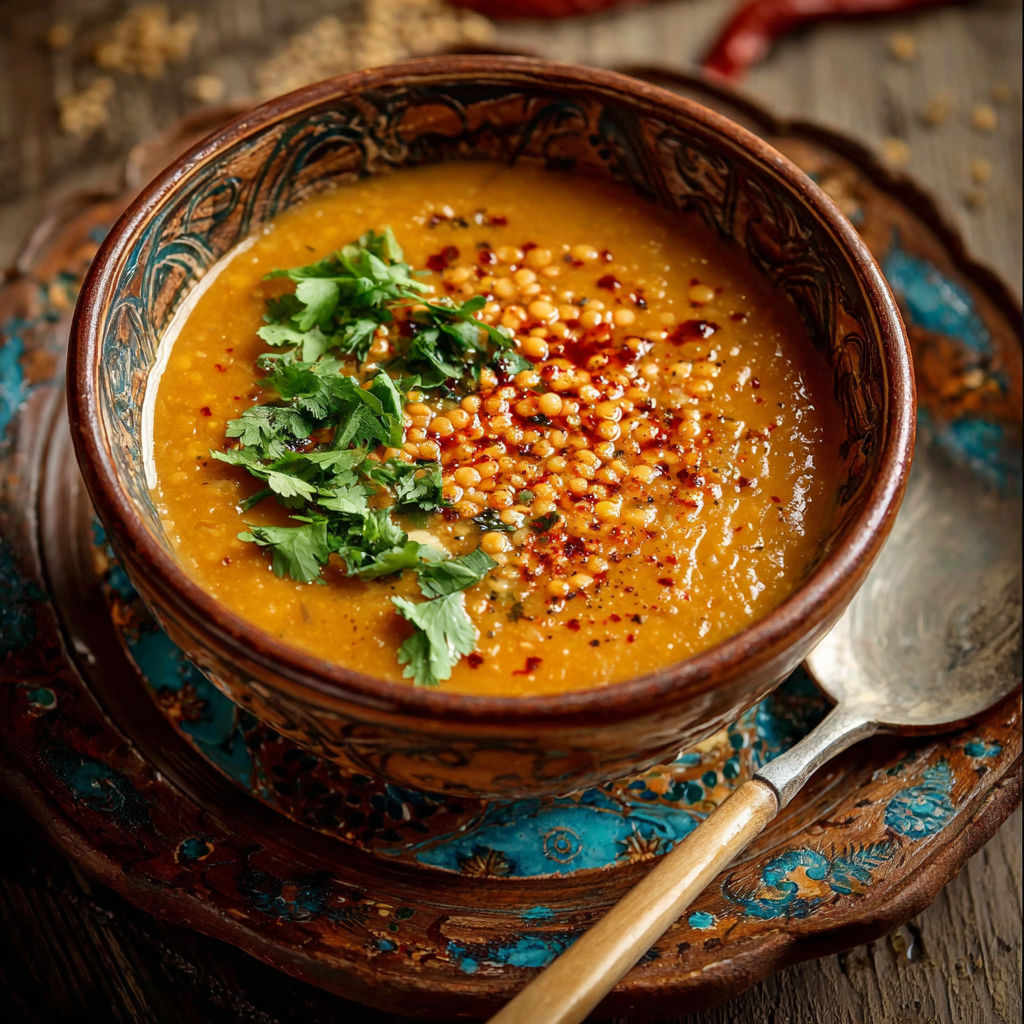 Une soupe chaude avec des épices et des herbes, servie dans un bol coloré.