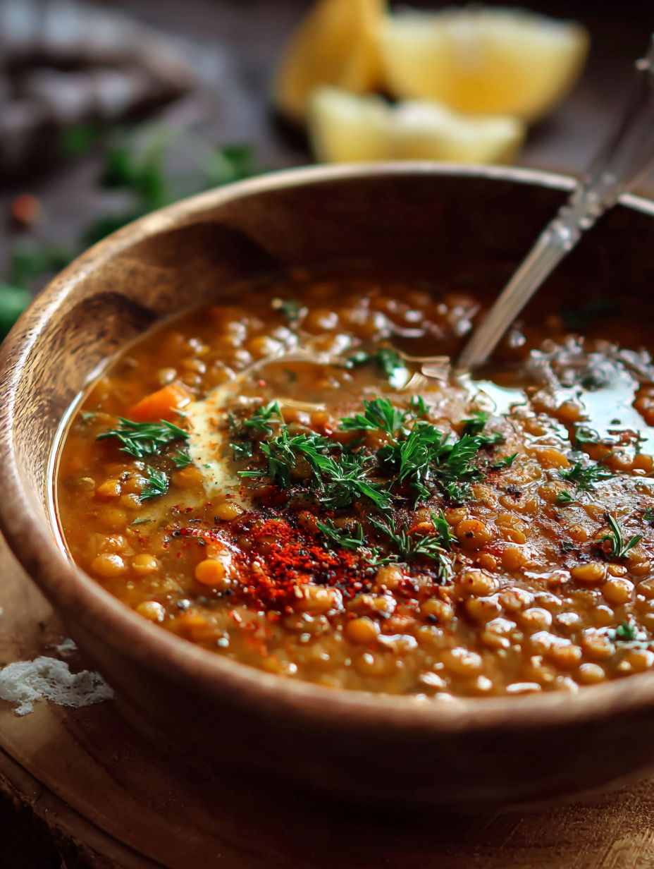 Une soupe chaude avec des légumes et des épices, servie dans un bol en bois.