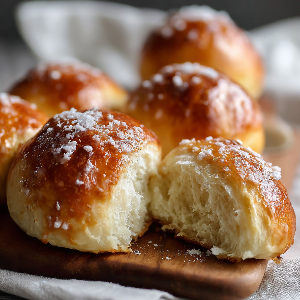 Une pile de Petites Brioches, saupoudrées de sucre, sur un plateau.