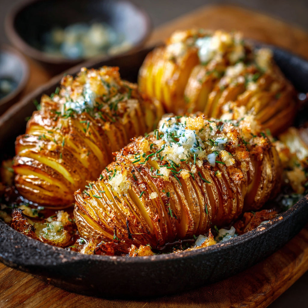 Une poignée de pommes de terre rôties avec des herbes et des fromages, servis dans un bol en grès.