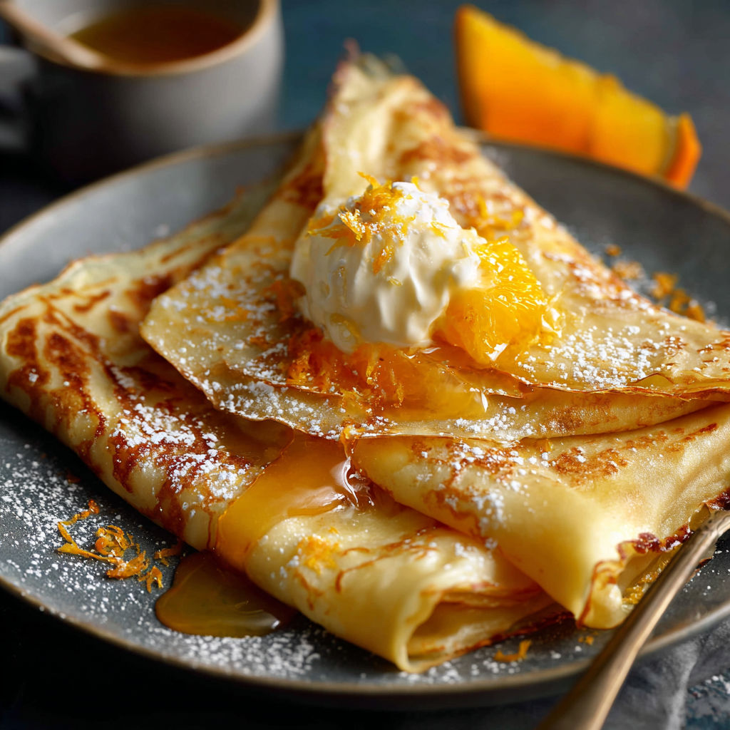 Une crêpe Suzette est servie sur un plateau avec une sauce au citron et des fruits.