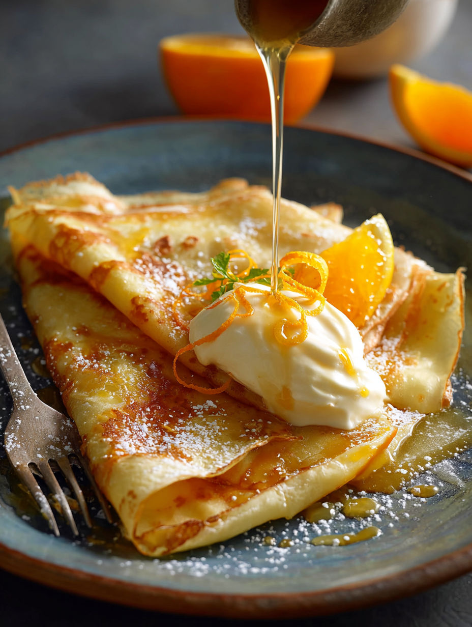 Une tarte aux oranges garnie de crème chantilly et de sucre glace.