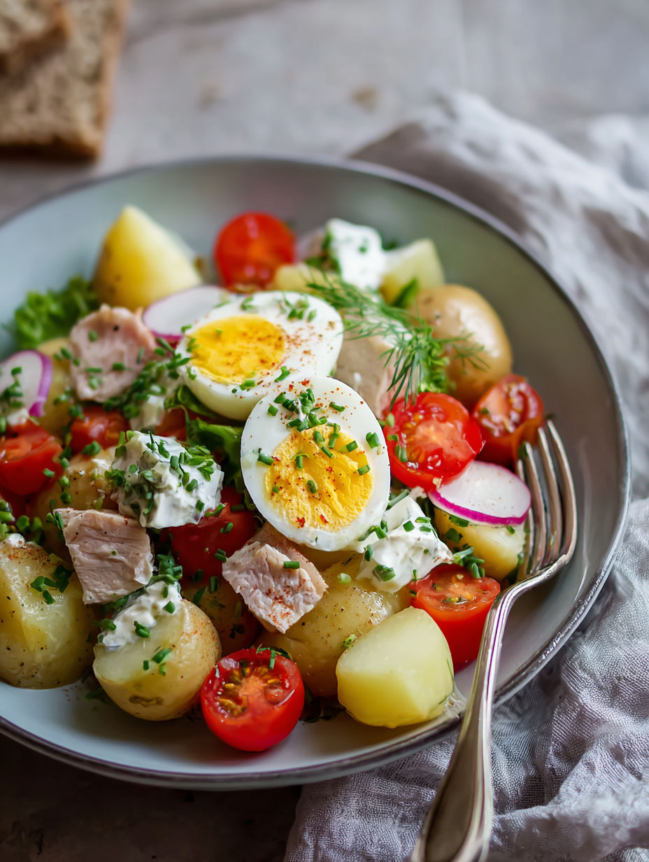 Une salade de légumes et oeufs, avec des tomates, des aubergines et des pommes de terre.