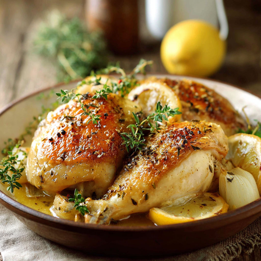 Une poitrine de poulet avec des herbes et des citrons, servie dans un bol.