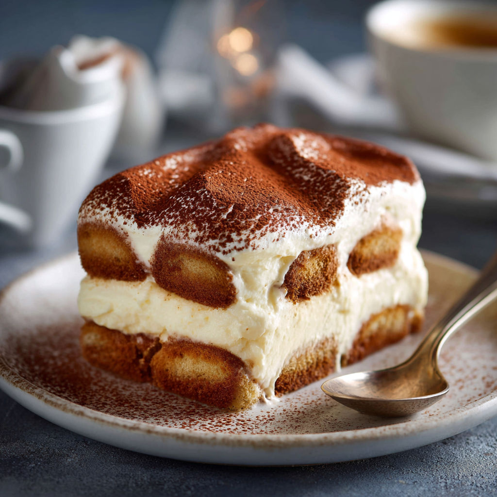 Une tarte au chocolat, tiramisu, est servie sur un plateau avec une cuillère en argent.