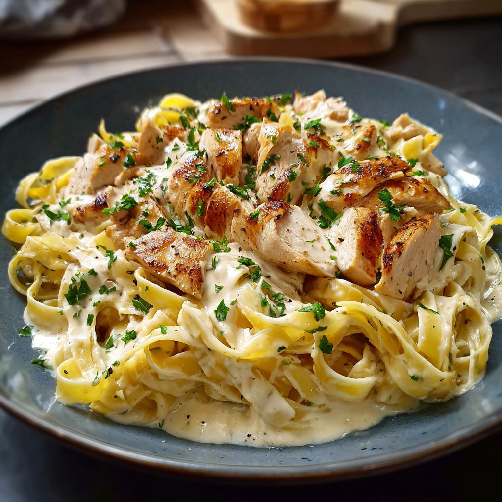 Une plate de spaghetti avec des chicken et des herbes.
