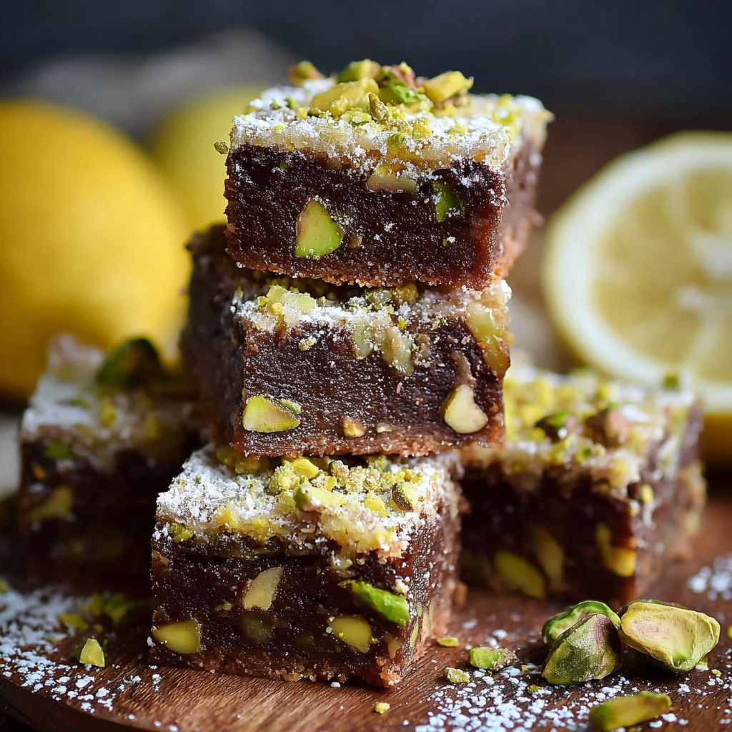 Une recette de desserts en barres, avec des noix de cajou et des amandes, est servie sur un plateau avec des citrons.