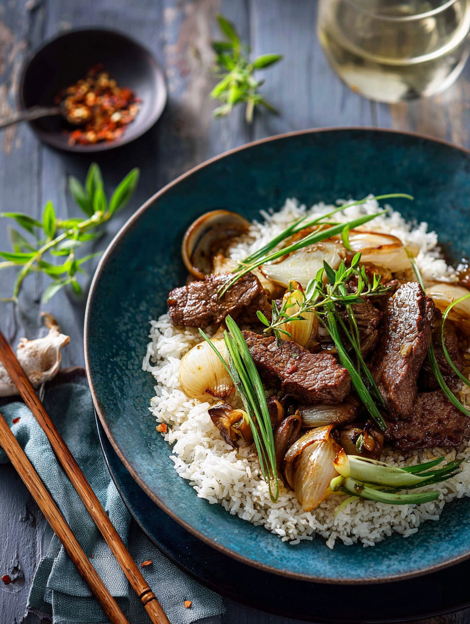 Une recette de steak avec des légumes et des herbes, servie dans un bol bleu.