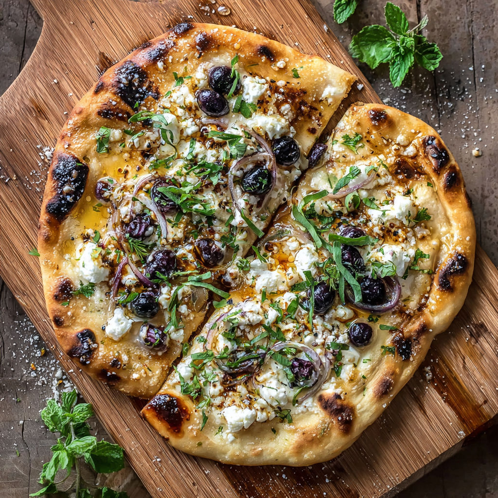 Une pizza maison avec des oignons, des olives et du fromage.