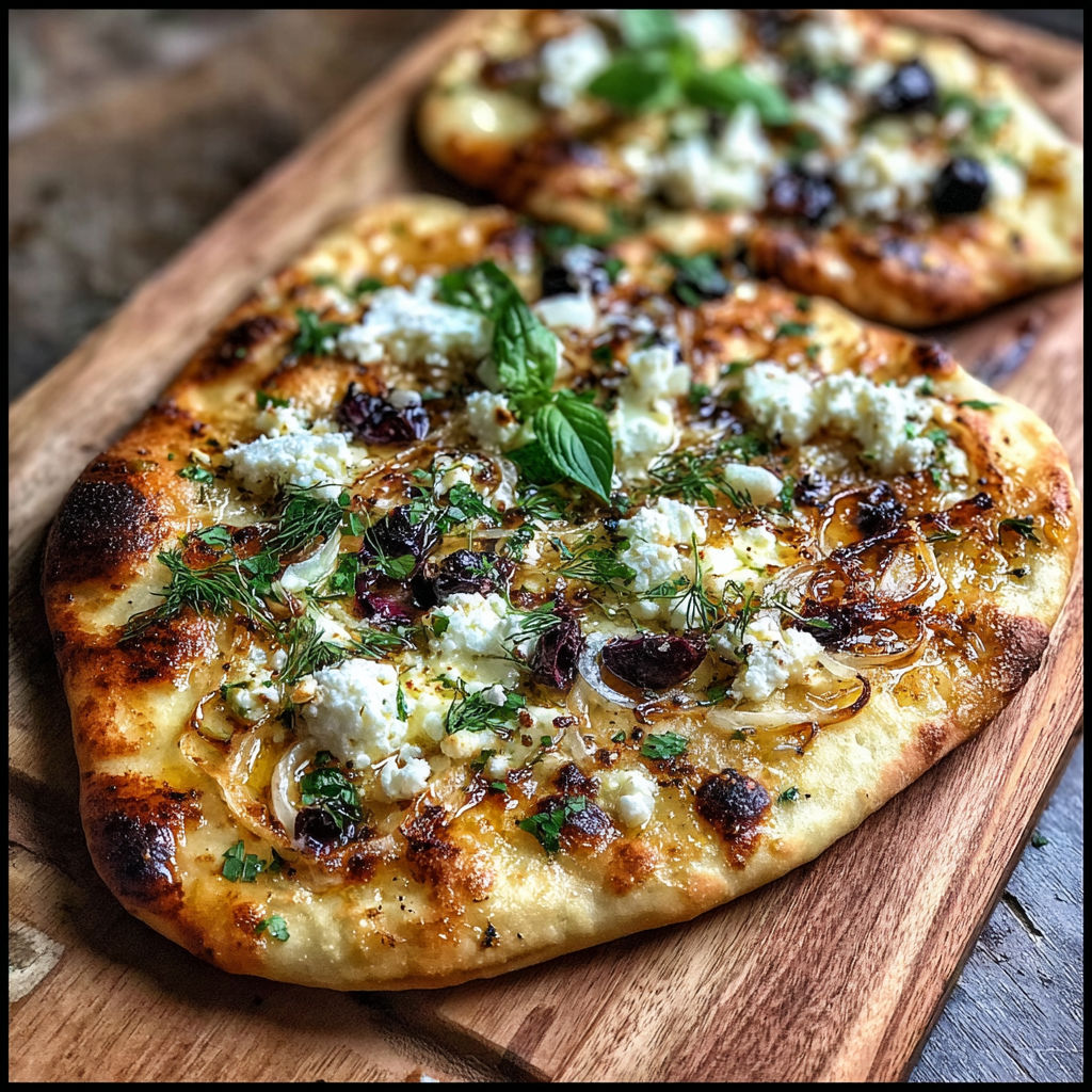 Une pizza maison avec des herbes et des fruits secs.
