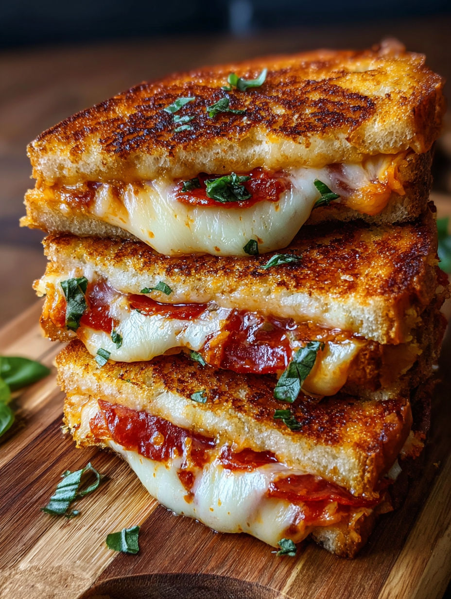 Une pile de sandwichs grillés avec des tomates et des herbes.