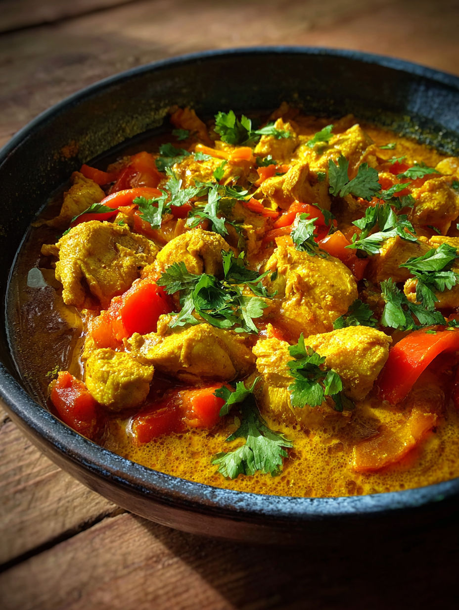 Une recette de curry de poulet avec des légumes tels que des carottes et des oignons.