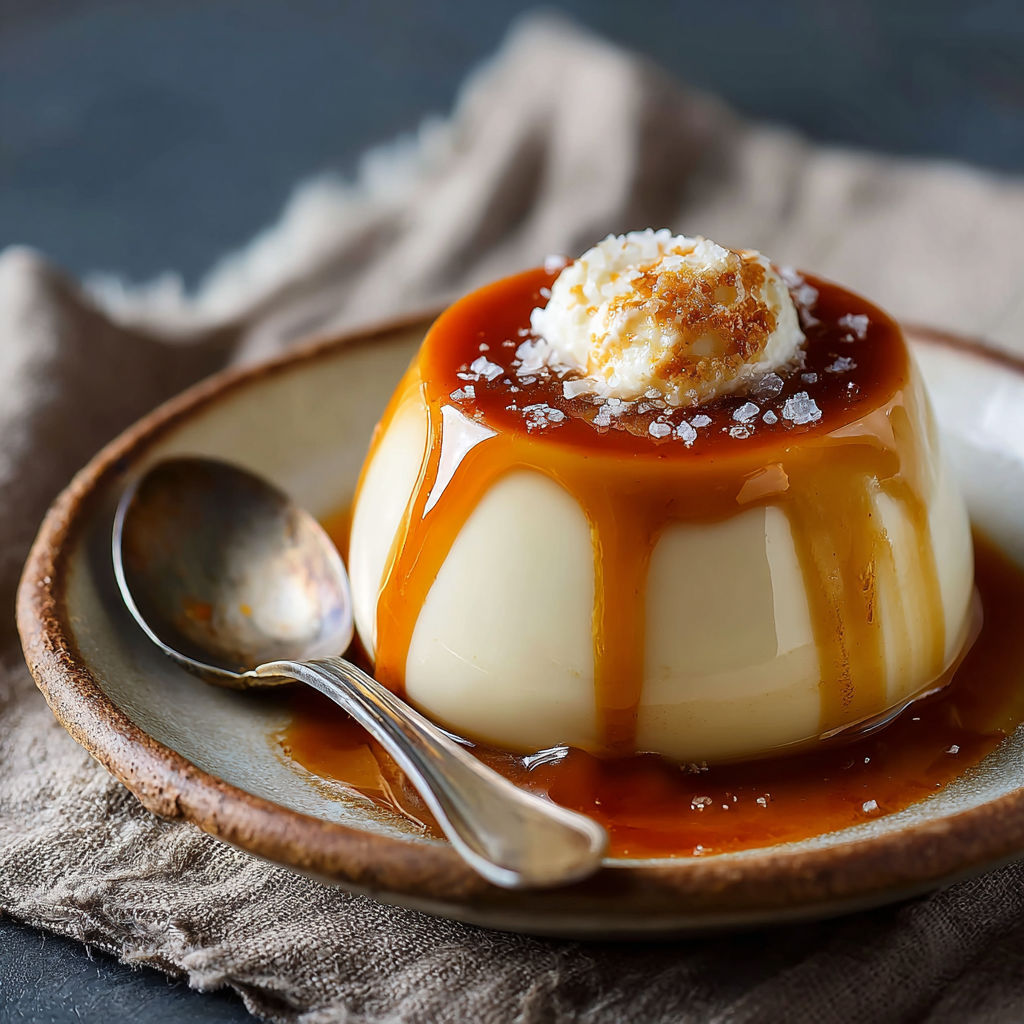 Une tarte au caramel garnie de crème fouettée et de sucre.