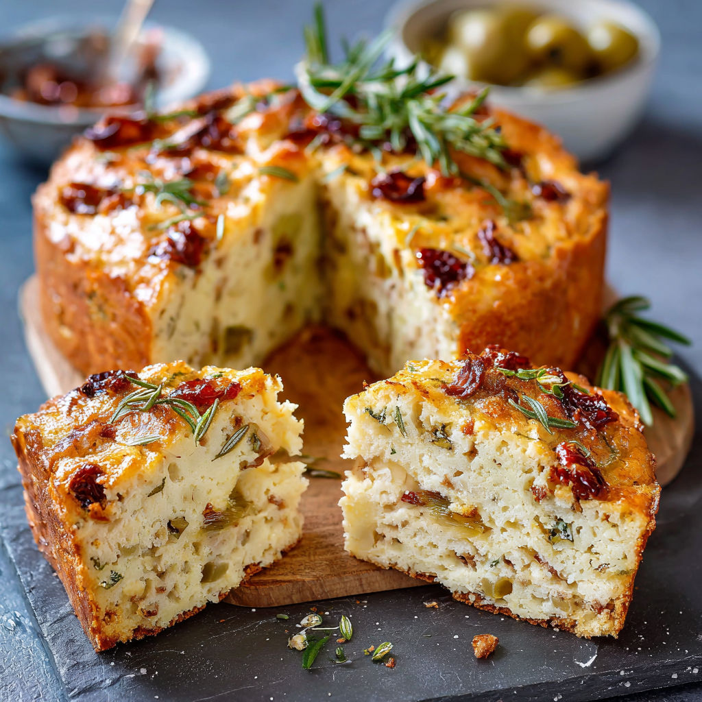 Une recette de gâteau de citron et herbes, avec des tranches de gâteau et des herbes fraîches sur un plateau.