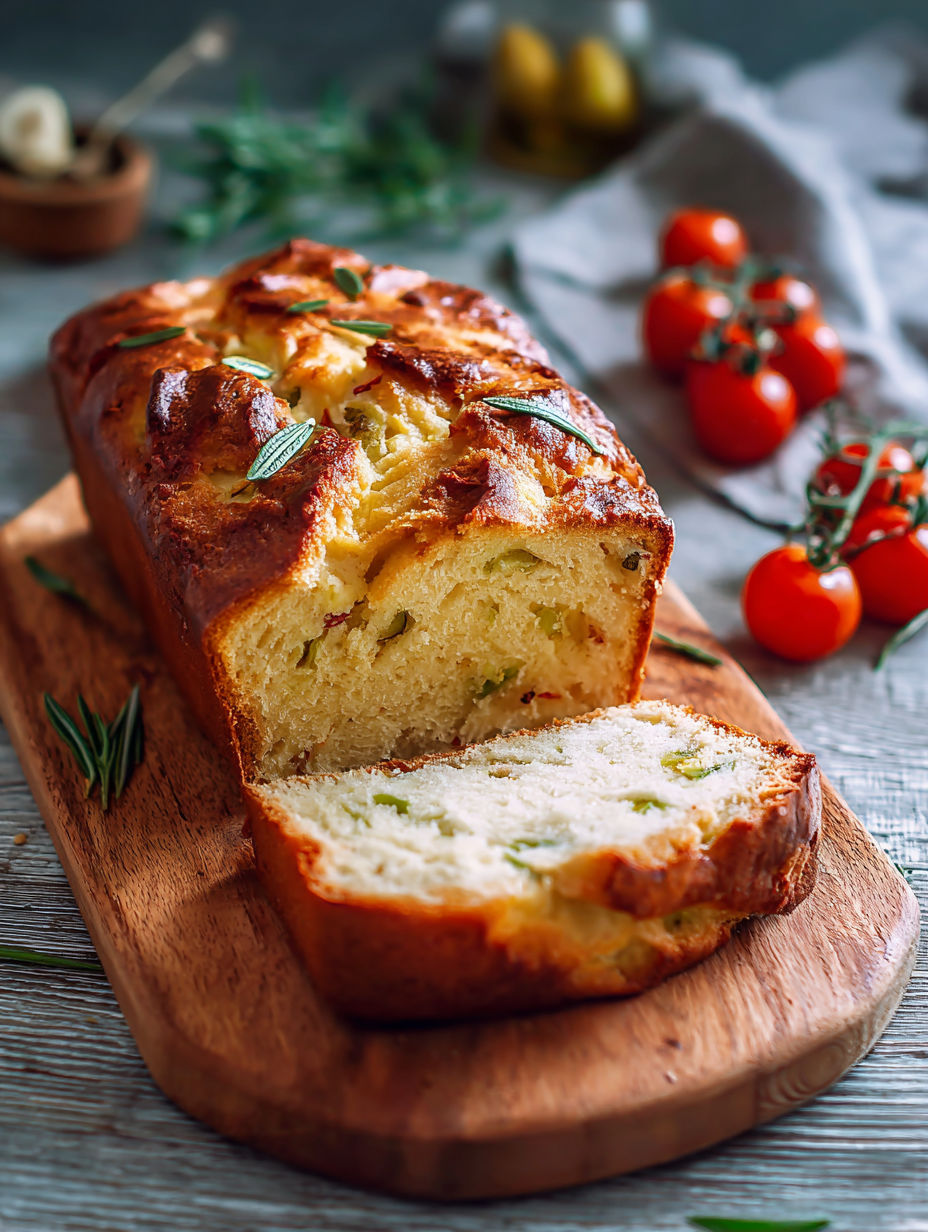 Une baguette de pain au levain avec des herbes et des tomates.
