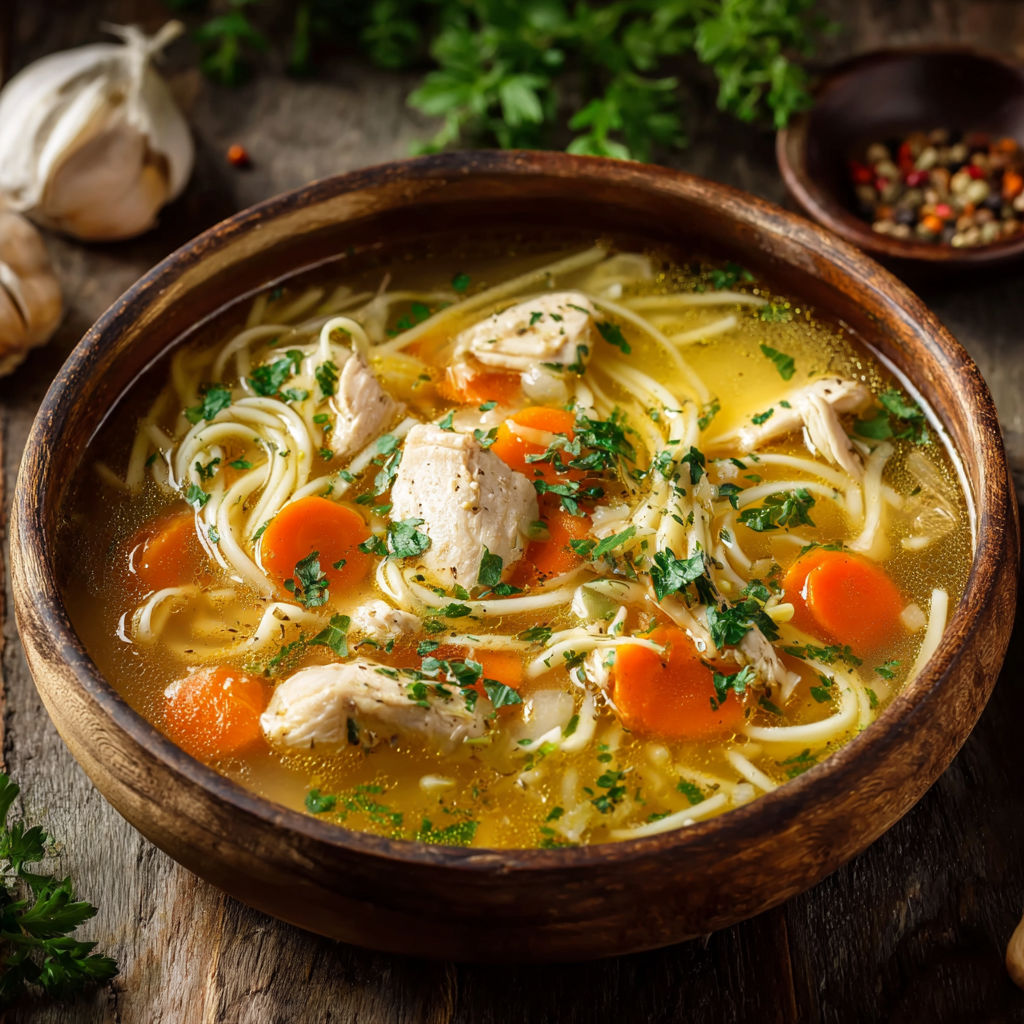 Une recette de soupe de poulet et carottes, servie dans un bol en bois.