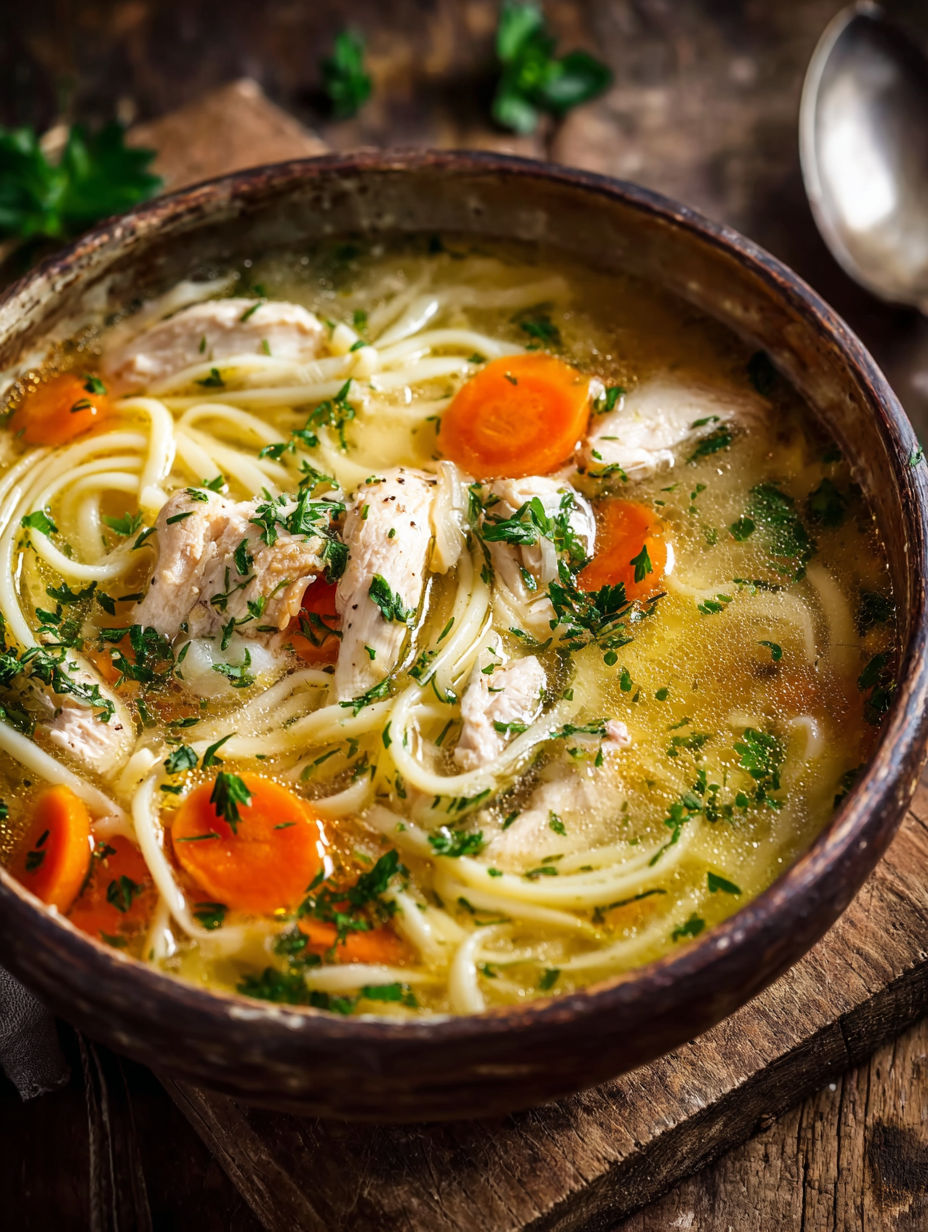 Une soupe de poulet et de carottes dans un bol en terre.