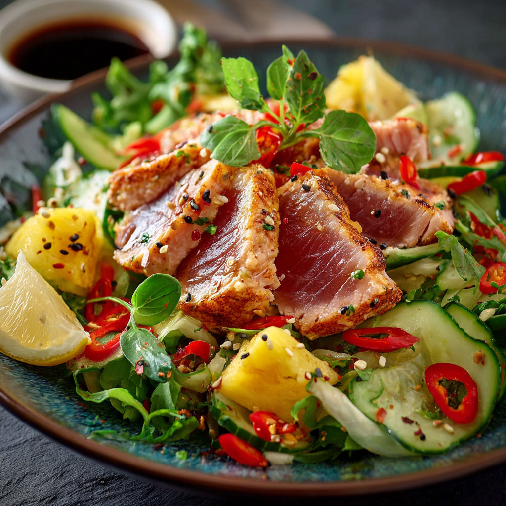 Une salade thon est servie sur un plateau avec des légumes frais et des fruits.