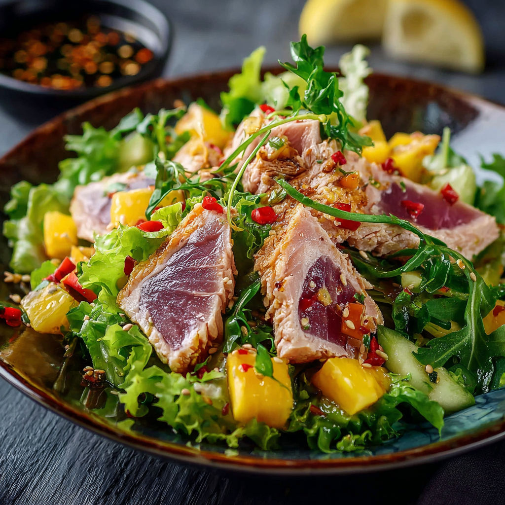Une salade de poisson et de légumes, avec des légumes verts et des fruits de mer, est servie dans un bol.