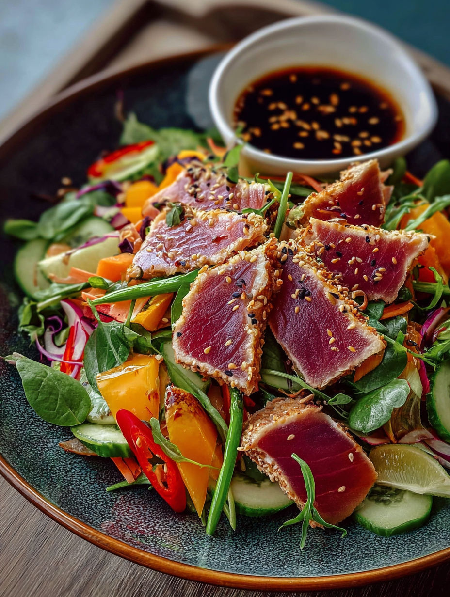 Une salade de poisson avec des légumes et une sauce.