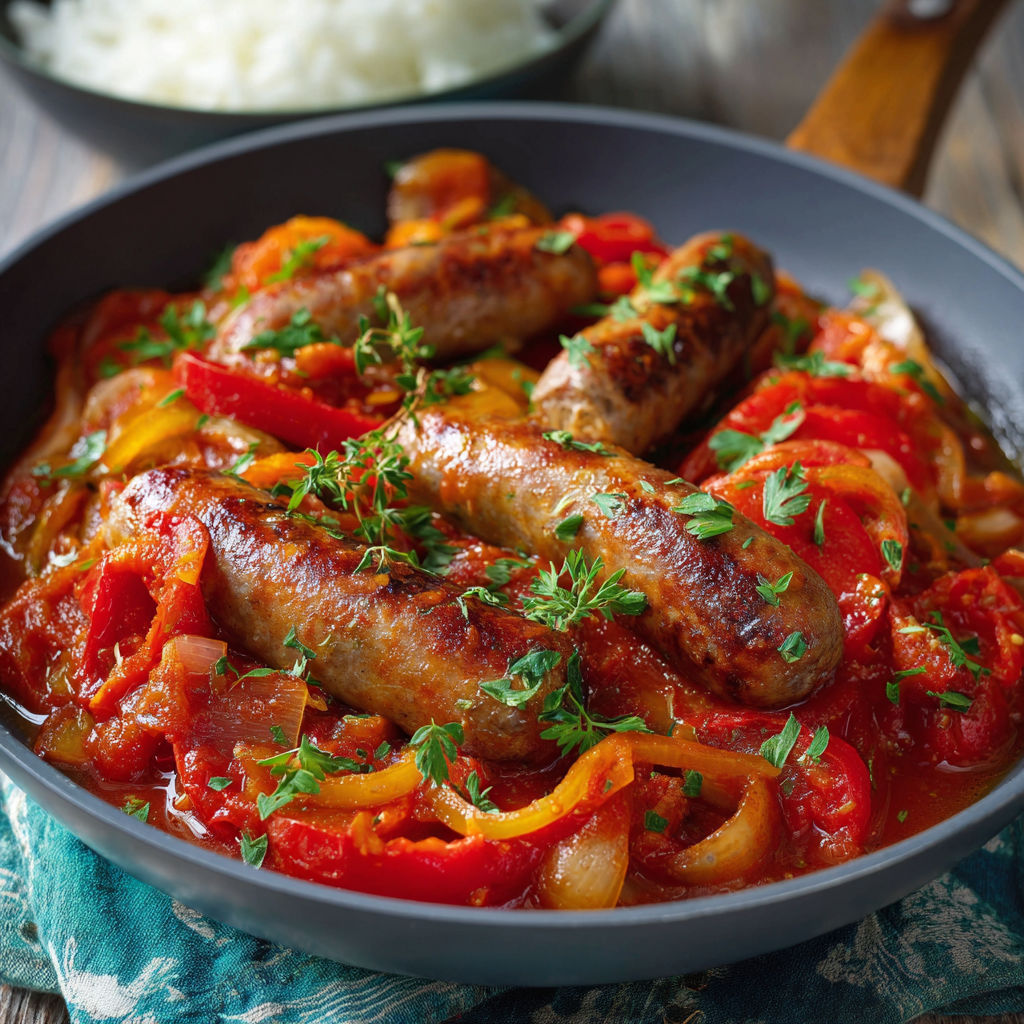 Un plat de Rougail contenant des chorizos et des tomates.