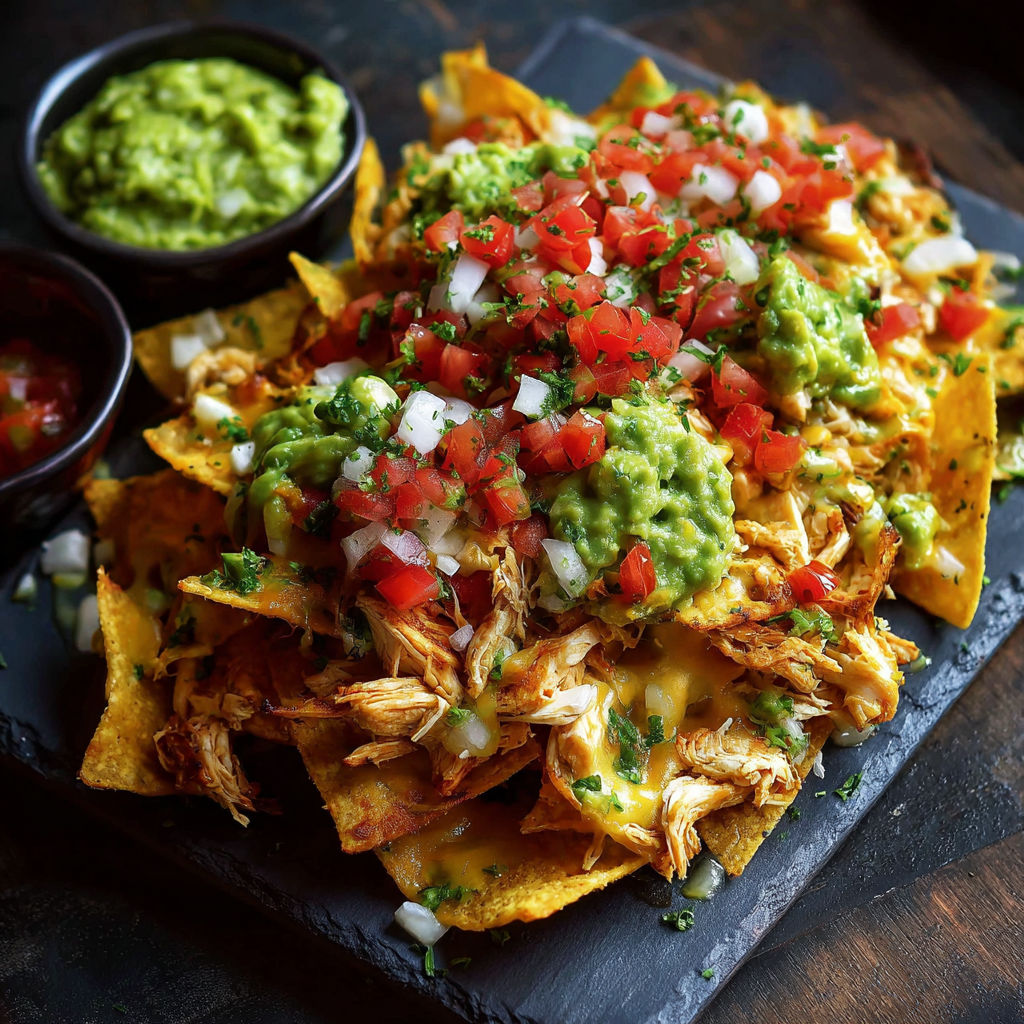 Une pile de nachos mexicains avec guacamole et salsa.