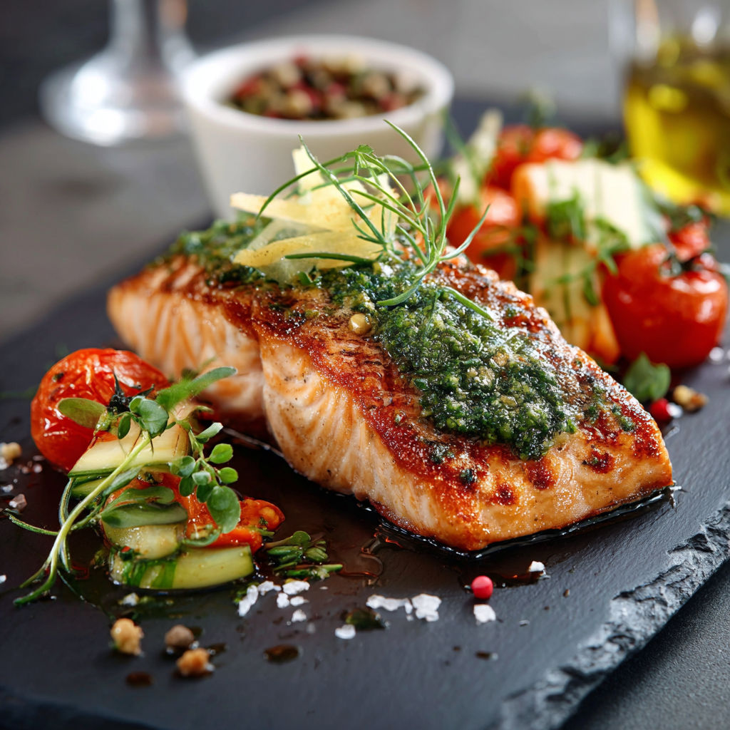 Un poisson grillé avec des légumes verts et des herbes sur une plaque de granit.