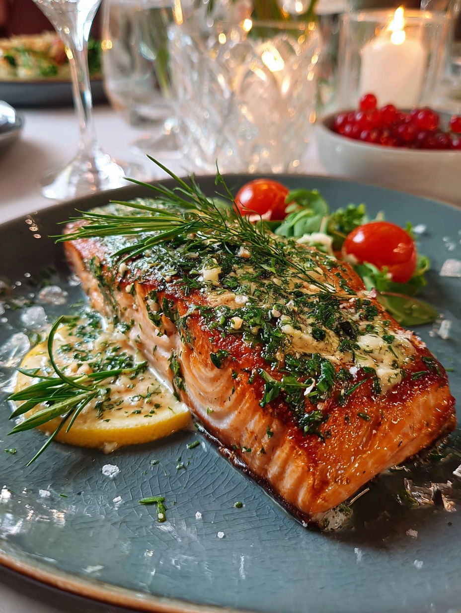 Salmon grillé avec des légumes verts et des tomates, accompagné d'une salade verte.