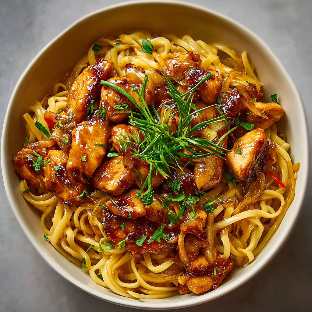 Une recette de noodles avec des légumes et des viandes.
