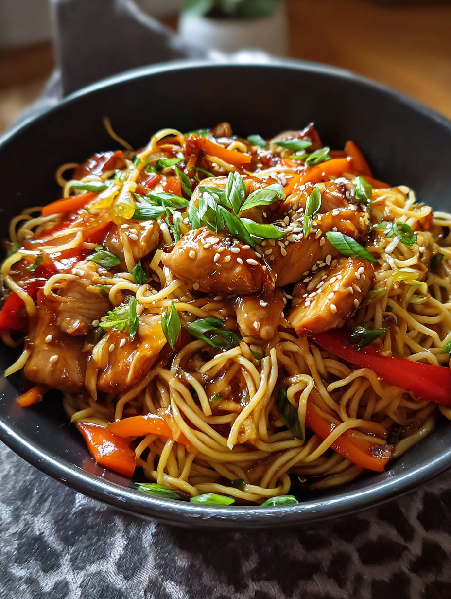 Une recette de noodles avec des légumes et des viandes.