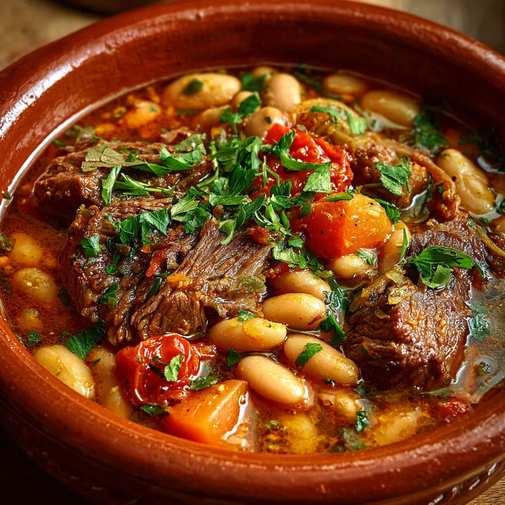 Loubia est un plat traditionnel marocain composé de viande de boeuf, de légumes et de haricots. Dans cette image, on peut voir une portion de Loubia dans un bol en terre cuite, accompagnée de légumes tels que des carottes et des tomates.