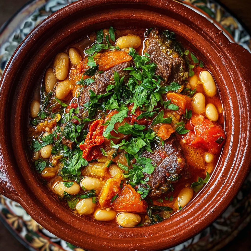 Une soupe de légumes et de viande dans un bol coloré.
