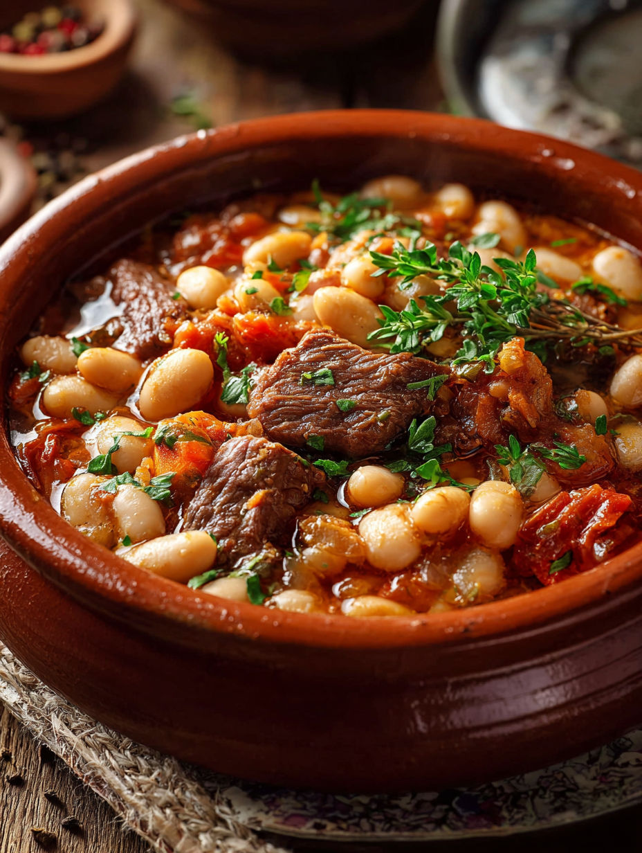 Un pot de bouillon avec des haricots, des tomates et des viande de boeuf.