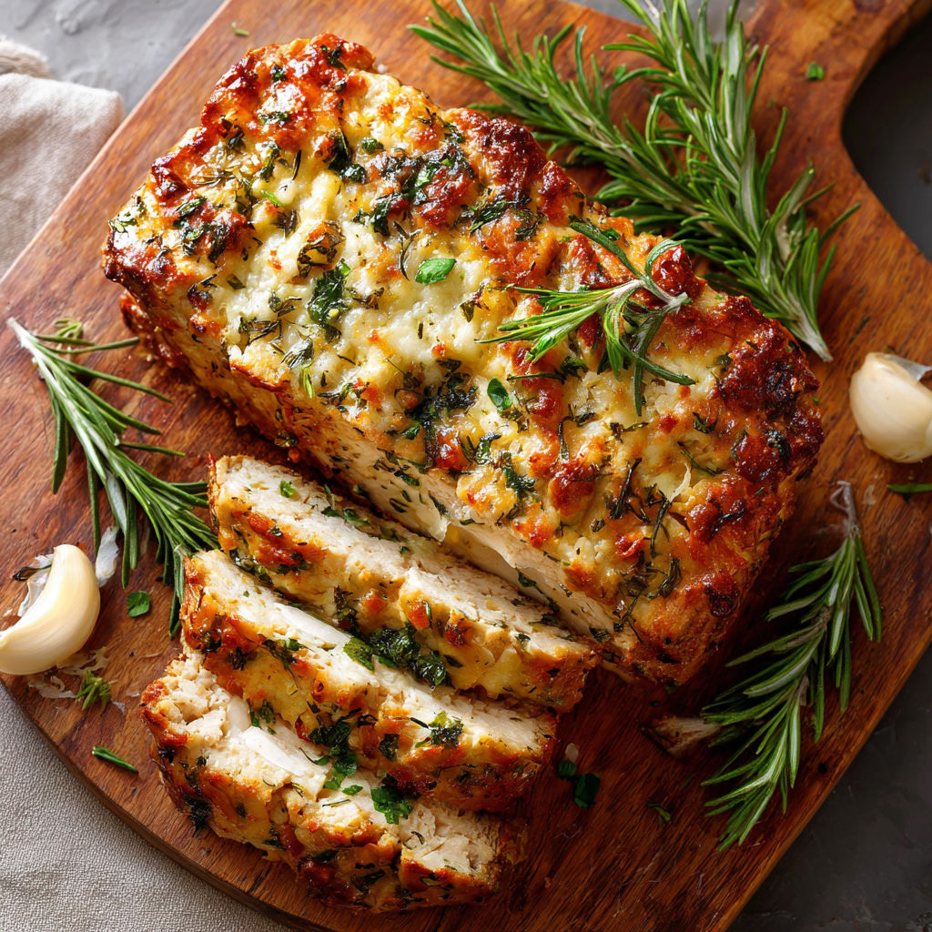 Une pièce de poulet grillé avec des herbes et des légumes, sur un plateau de bois.